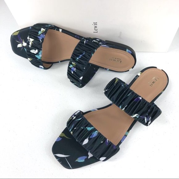 Lewit Shoes - Lewit Elena Rushed Slide Navy Floral Sandals 39.5